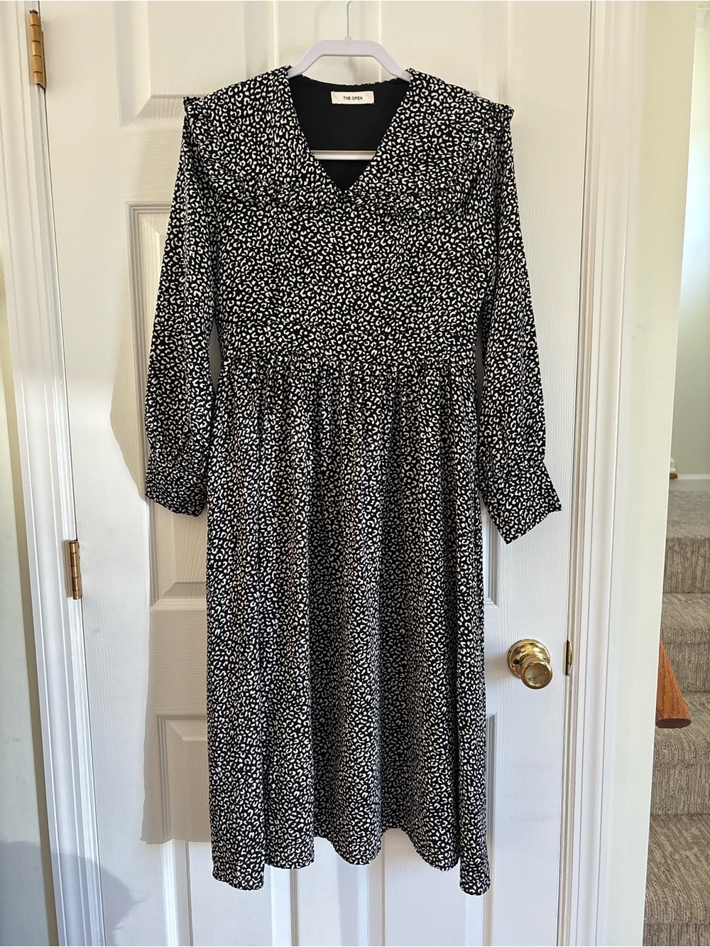 Never-Worn Black & White Animal Printed Long-Sleeve Midi Dress